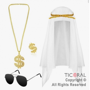 SET DISFRAZ JEQUE CON PAUELO Y AGAL ANTEOJOS COLLAR Y ANILLO CON SIMBOLO $ x 1